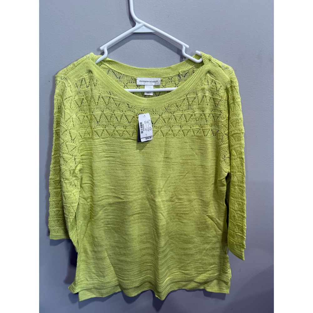 Christopher & Banks Lime Green Pointelle Knit 3/4 Sleeve Sweater Large NWT